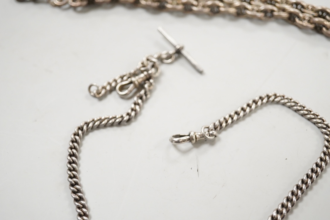 A two row chain link silver albert, 21cm and one other longer silver curb link albert, 37cm.